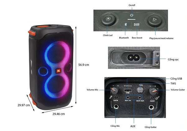 Hệ thống sơ đồ các nút cùng các lỗ kết nối của loa ke1ppartybox 310