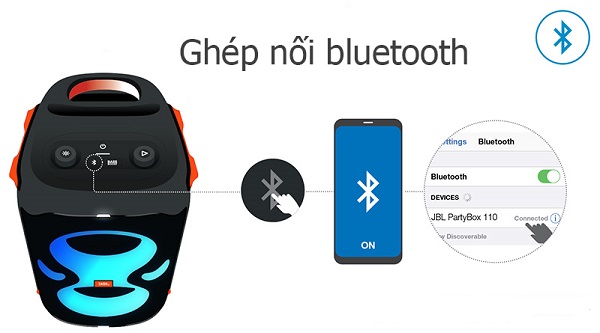 loa xách tay patybox 110   Trang bị Bluetooth 5.1 hiện đại, giúp loa có thể kết nối thiết bị phát xa đến 10m
